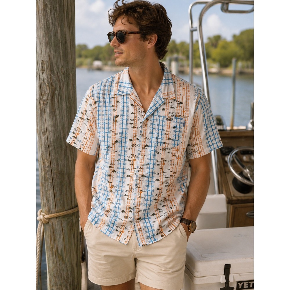 Columbia PFG Fishing Shirt Mens Small White Fish Print Short Sleeve Button Down